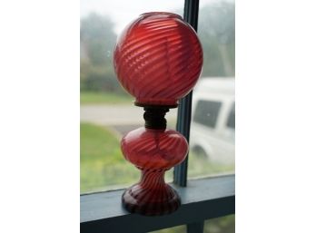 ANTIQUE RED GLASS CANDLE HOLDER, 9IN HEIGHT