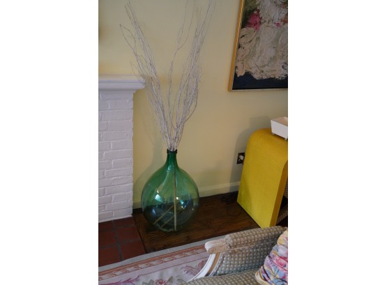 ROUND GREEN GLASS VASE WITH FAKE TREE BRANCHES, 25IN HEIGHT