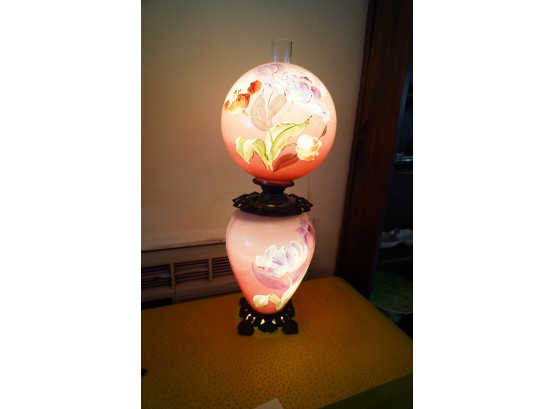 HAND PAINTED ANTIQUE GLASS LAMP,  31IN HEIGHT