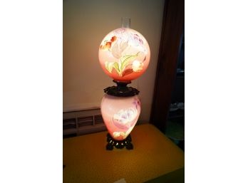 HAND PAINTED ANTIQUE GLASS LAMP,  31IN HEIGHT