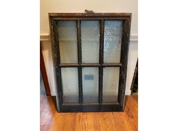 ANTIQUE WINDOW WITH METAL OUTLINING, CHECK PHOTOS, 27X38 INCHES
