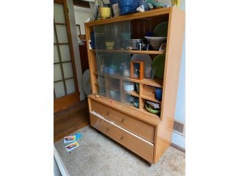 MID-CENTURY KITCHEN CABINET WITH SLIDING GLASS DOOR, ITEMS INSIDE NOT INCLUDED!!