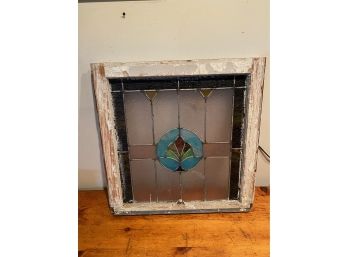 ANTIQUE STAINED GLASS WINDOW, WITH WHITE WASH WOOD FRAME, CHECK PHOTOS!! 24X24 INCHES
