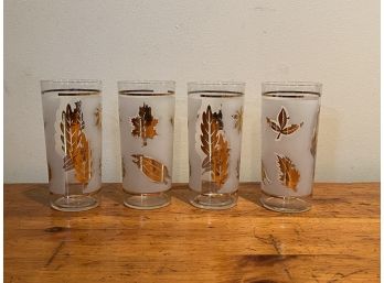 LOT OF 4 MID-CENTURY TALL GLASSES WITH GOLD LEAF,  7IN HEIGHT
