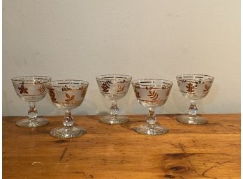 LOT OF 5 MID-CENTURY WINE GLASSES GOLD LEAF , 4IN HEIGHT