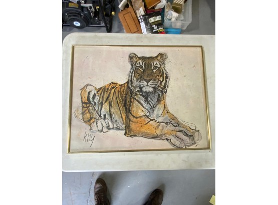 FRAMED PRINT OF TIGER, SIGNED, 28X22 INCHES WITH GLASS