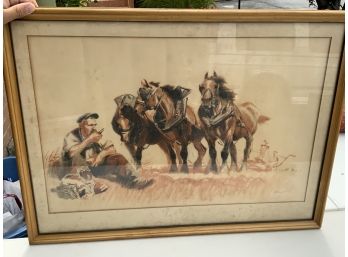 HAND DRAWING OF A MEN AND HORSES, SIGNED, 30X22 INCHES