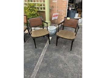 MCM STYLE PAIR OF WICKER BACK ARM CHAIRS, CHECK PHOTOS 24X21X32