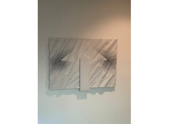 HANGING METAL ABSTRACT ART WORK, 'ARROW POINTING UP', SIGNED BY PK, 30X21 INCHES