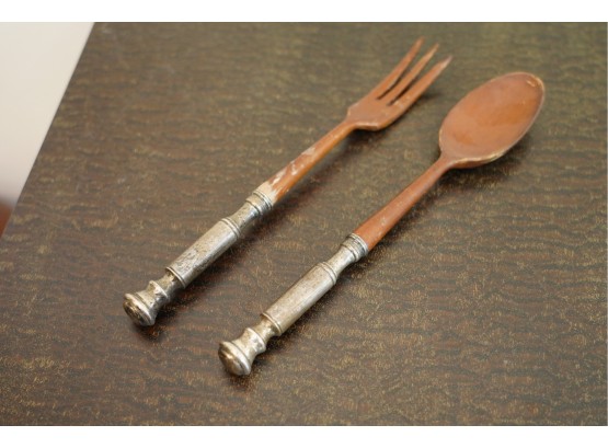 SALAD WOOD FORK AND SPOON WITH STERLING SILVER BOTTOM, 11IN LENGTH