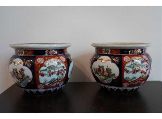LOT OF 2 ASIAN STYLE GOLD IMARI FLOWER POTS, 5X6 INCHES