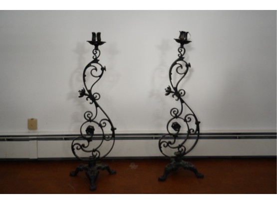 LOT OF 2 BLACK METAL STANDING CANDLE HOLDERS