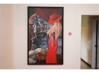 ACRYLIC ON CANVAS OF A WOMEN IN A RED DRESS, SIGNED BY V. OSTROVSKY,  38X62 INCHES
