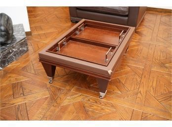MID-CENTURY COFFEE TABLE IN WHEELS WITH TWO WOOD TRAYS