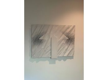 HANGING METAL ABSTRACT ART WORK, 'ARROW POINTING UP', SIGNED BY PK, 30X21 INCHES