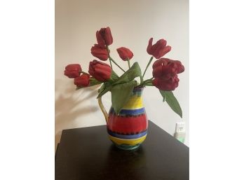 Painted Water Pitcher With Faux Rose Flowers