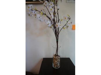 GLASS VASE WITH ROCKS AND FAUX FLOWERS, 11IN HEIGHT