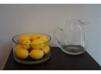 LOT OF A GLASS PITCHER AND BOWL WITH FAKE LEMONS