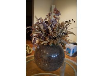 ROUND GLASS VASE WITH FAKE FLOWERS, 16IN HEIGHT