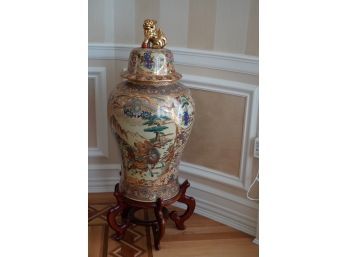 LARGE ASIAN STYLE VASE WITH WOOD STAND, 41IN HEIGHT