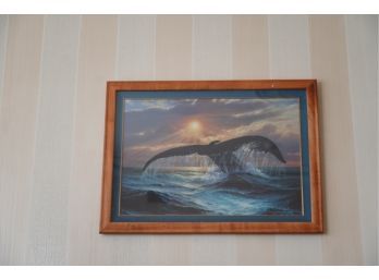SHADOW BOX FRAME PRINT OF A WHALE, SIGNED, 24.5X33 INCHES