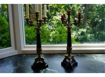 ANTIQUE BRASS AND STONE CANDLE HOLDER, 20IN HEIGHT