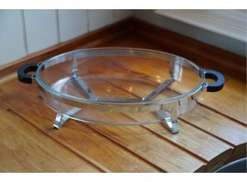 PYREX BOWL WITH METAL HOLDER,  17X9.5 INCHES