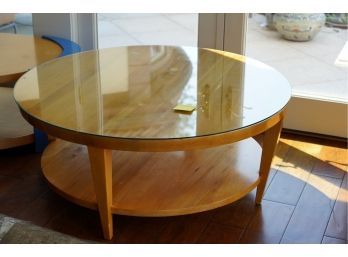 MORDEN STYLE GLASS TOP ROUND WOOD TABLE