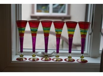 LOT OF 6 COLOR PATTERN CHAMPAGNE FLUTES, 11IN HEIGHT