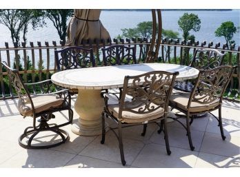 OUTDOOR CEMENT STONE TOP TITLE TABLE WITH 6 FRONTGATE METAL CHAIRS