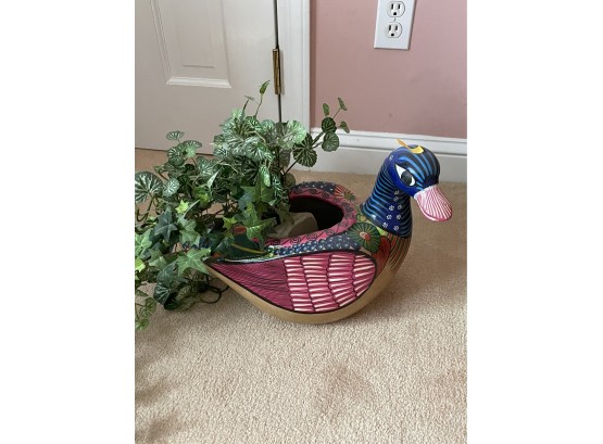 PAINTED DUCK DECOR PLANTER WITH FAUX PLANT
