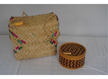 ANTIQUE WICKER STYLE BASKET WITH CONTAINER