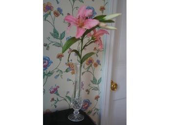 GLASS FLUTE PLANT VASE WITH FAKE FLOWERS, 18IN HEIGHT
