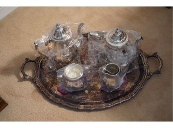 SILVER PLATED TEA SET WITH TRAY