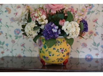FESTIVE COLORFUL FAKE FLOWERS WITH A YELLOW HAND-PAINTED FLOWERS GLASS VASE 21 IN
