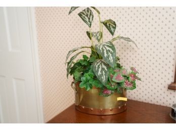 GORGEOUS COPPER AND BRASS METAL VASE WITH FAKE FLOWERS,  9X20 INCHES