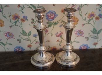TWO MATCHING SILVER CANDLE STICK HOLDERS 6 X 13