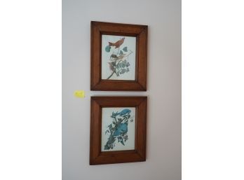 VINTAGE WOODEN FRAME BIRDS ON THE TREE BRANCH PAINTING SET 15 X 15