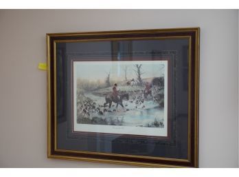 VINTAGE PAINTING CROSSING THE FORD WITH GOLD AND BROWNISH FRAME 33.5 X 28