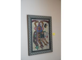 STUNNING HAND MADE TRIBAL PAINTING WITH A PATTERN WOOD FRAME  18 X 25