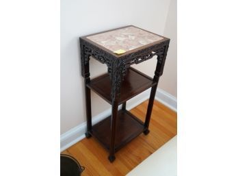 ASIAN STYLE HAND MADE WOODEN ENGRAVED ON ENDS SMALL TABLE WITH TWO SHELVES