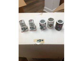 Asian Salt & Pepper Shakers And 3 Porcelain Toothpick Holders