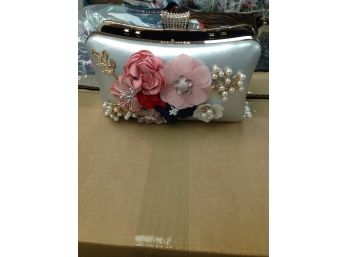 Pale Silver /Gray Pocketbook With 3 Dimensional Flowers