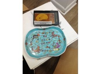 1 Asian Turquoise Porcelain Dish & Sleeping Cat Card Case