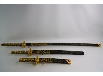 PAIR OF 3 SAMURAI SWORDS WITH GOLD ENGRAVING!!