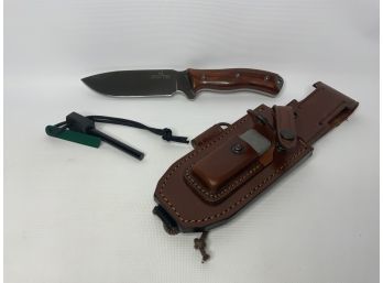 SURVIVAL BUSHCRAFT HUNTING JEO TAC KNIFE W/ BROWN HOLDER, FIRE STARTER AND STONE! 10IN LENGTH