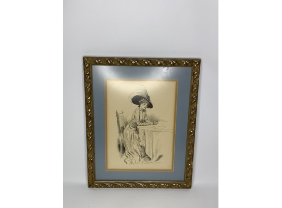 BLACK AND WHITE SKETCH OF A WOMEN SITTING ON A TABLE, SIGNED, 15X19 INCHES