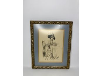 BLACK AND WHITE SKETCH OF A WOMEN SITTING ON A TABLE, SIGNED, 15X19 INCHES