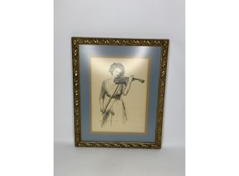 BLACK AND WHITE DRAWING OF A WOMEN PLAYING A VIOLIN, SIGNED, 15X19 INCHES!!