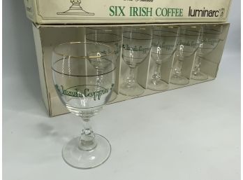 LOT OF 6 IRISH COFFEE LUMINARC GLASS CUPS WITH BOX